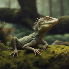A macro portrait photo of a gentleman lizard lounging on a moss covered rock, shiny scales