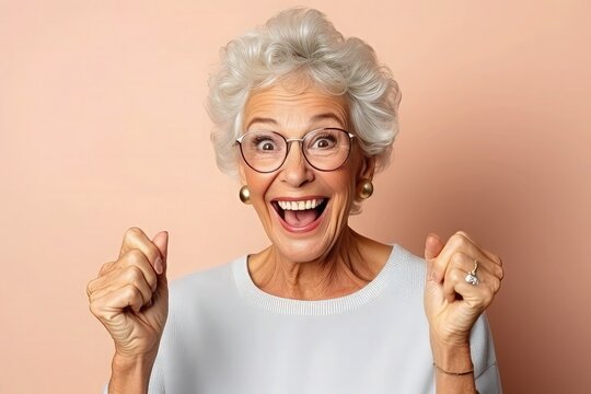 Portrait of cheerful senior woman in eyeglasses looking at camera and gesturing with hands in sign of exitement