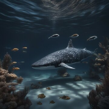Deep black ocean view of whale, shark, octopus and squid, and nautilus, and fearsome fish, octane render