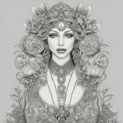 Graceful woman adorned with delicate flowers and a majestic crown of nature's beauty