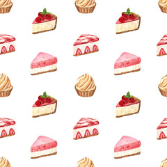 Watercolor seamless pattern desserts, piece of cheesecake with fresh strawberries. Hand-drawn illustration isolated on white background. Perfect food menu, food drawing, design packing, print