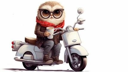 An owl on a moped carries coffee and pizza. Animal courier. Night delivery concept. Owlet cute on a turquoise background, forest bird illustration. Postcard or template with copy space