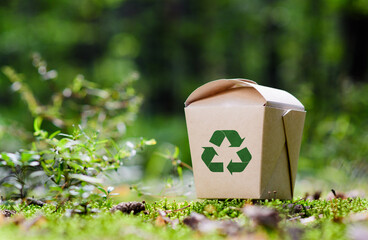 Disposable paper container for food with a recycling sign on the background of nature. The concept...