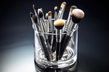 Makeup brushes in a glass. Clean professional makeup brushes