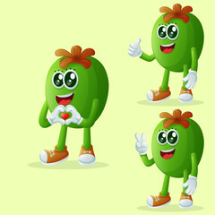 Cute Feijoa characters making playful hand signs