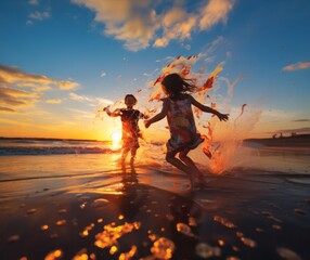 Fototapeta premium kids are playing on the beach, summer, sea, and sunset on the beach