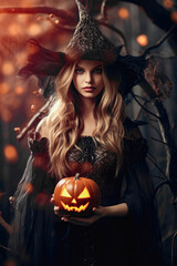 Halloween witch with pumpkin, generative ai 
