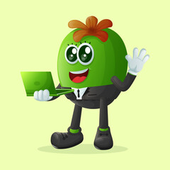Cute Feijoa character typing on a computer