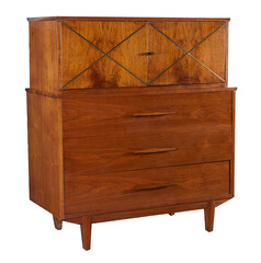 Elegant tall wooden dresser with brass x inlay accents. Mid-century modern furniture. No background...