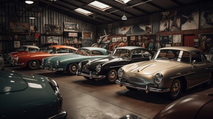 A vintage car shop with classic cars