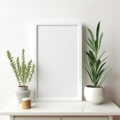 Mockup frame, Experience the allure of contrast as a white frame highlights a striking white photograph, adding a contemporary touch to any space. Generative AI