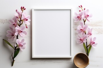 Mockup frame, Orchids add a touch of grace to the mockup frame's kitchen depiction against a clean white background. Generative AI