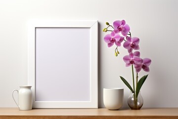 Mockup frame, Orchids add a touch of grace to the mockup frame's kitchen depiction against a clean white background. Generative AI