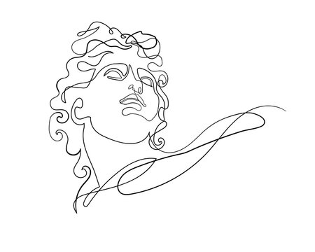 Apollo - continuous one line drawing, isolated vector image of antique statue. Phoebus, God of the Sun, patron of art and the Muse. Symbol of handsome and beauty male in minimalistic modern style