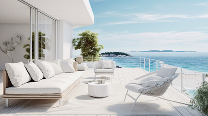 Fototapeta na wymiar white luxury patio furniture with ocean view