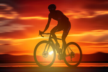 Traveler cyclist silhouette on sunset background.