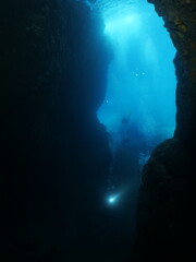  caves underwater cave dive blue reflection on the surface  background scuba divers to explore