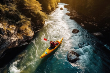 Aerial top view of extreme sport. Kayak sails mountain river. Rafting, kayaking. Generative AI