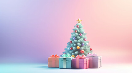 Small christmas tree in pastel colors with gift boxes and glass balls. AI generated
