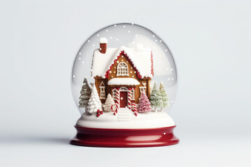 Christmas snow globe with gingerbread house inside on white background. AI generated