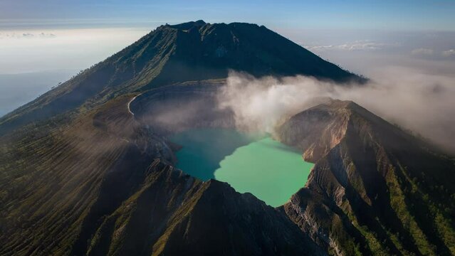 Hyperlapse aerial flying to mount Kawah Ijen volcano crater, Java, Indonesia 