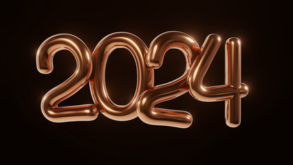 Happy New 2024 Year. Twenty Four Christmas Holiday Illustration of Golden Metallic Numbers 2024 on Dark Background. Realistic 3D Sign. Festive Poster or Banner Design. 3D Render Illustration