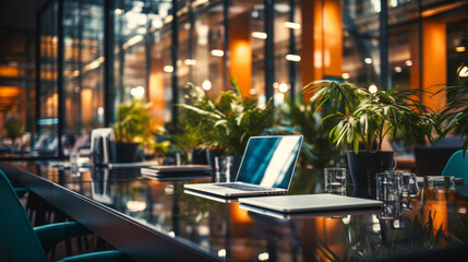 Fototapeta na wymiar Beautiful blurred background of a bright modern office interior. Generative AI.