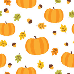 Pumpkin seamless pattern. Autumn background with pumpkin, acorn and fall leaves. Vector illustration. It can be used for wallpapers, wrapping, cards, patterns for clothes and other.