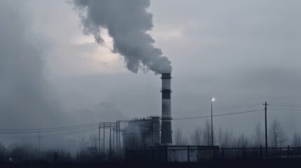 gray smoke from an industrial chimney rises into the gray sky