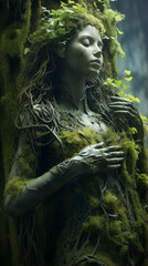 Guardian of Nature. Statue of a woman covered in green moss, plants and roots in the wood - Nymph, dryad, fairy, mystical myth and legend, spirit of the forest.