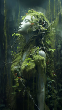 Guardian of Nature. Statue of a woman covered in green moss, plants and roots in the wood - Nymph, dryad, fairy, mystical myth and legend, spirit of the forest.