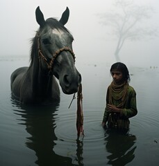 Obraz premium boy and horse in water