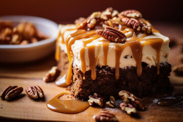A piece of pecan brownie cake with a salted caramel.