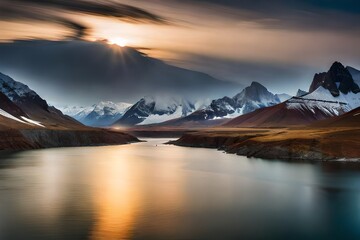 sunrise over the mountains , lake, mountains, sunset, sky 