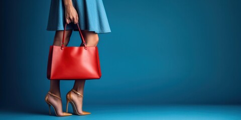 elegant slender legs of a young woman with a red handbag on a blue background. the concept of shopping and discounts