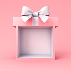 Blank gift box product display showcase or blank exhibition booth gift box mock up stand with white ribbon bow isolated on light pink pastel color background minimal conceptual 3D rendering