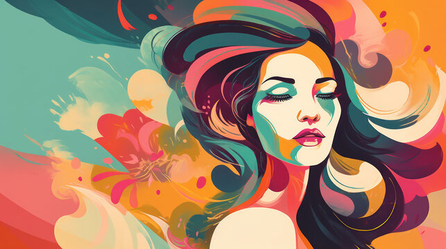 Abstract illustration of a beautiful retro woman with vintage style. Colorful 1960 background design. Created with Generative AI Technology.