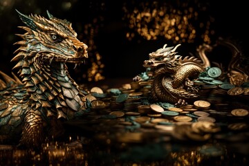 green dragon on gold coins. money dragon bringing good luck and profit. year of the green wooden dragon. 