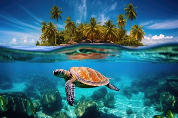 Sea turtle swimming in clear blue waters. Split view with waterline. Small tropical island with palm trees in the middle of an ocean.