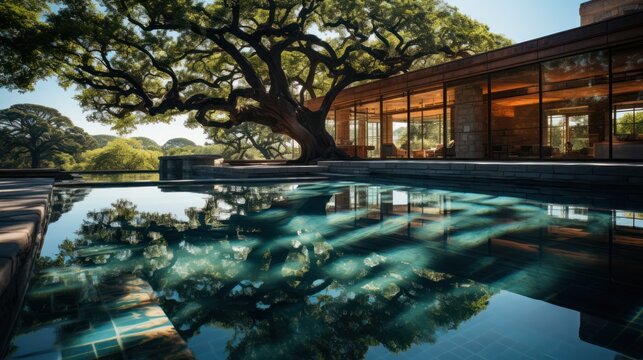 A large pool with a tree at the house with full-length windows. the epitome of luxury. 