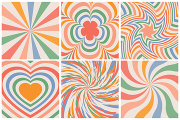 Set of square backgrounds in style retro 70s, 80s. Groovy hippie abstract psychedelic design. Groovy hippie 70s backgrounds. Vector illustration