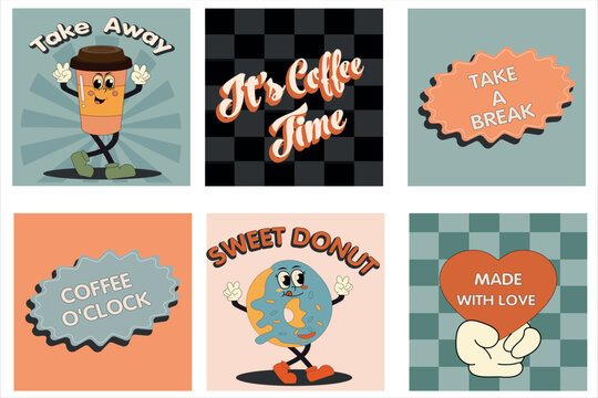 Coffee retro cartoon fast food posters and cards. Comic character slogan quote and other elements for burger bar restaurant. Social media templates stories posts. Groovy funky vector illustration