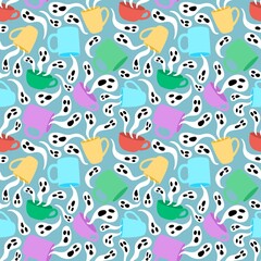 Halloween cartoon monsters seamless ghost and cup of tea and coffee pattern for wrapping paper and fabrics
