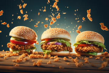 Burgers commercial photography, crispy chicken burger, fast food concept