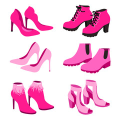 Vector set of pink fashionable woman shoes isolated on white background.