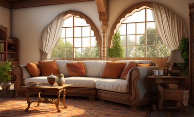 Mid style living room century furniture with simple furnishings, Curved lines and bright colors add lovely furnishings for warmth and vitality, Generative AI