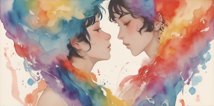 Arte abstrata em aquarela da Mistura intensa do amor entre pessoas do mesmo sexo. Pintura colorida 
digital do descobrimento da sua sexualidade e do amor entre genero. Representação do amor colorido 