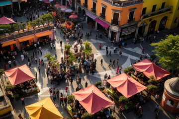 Spectacular Aerial View of Vibrant Plaza with Colorful Canopies and Bustling Crowds