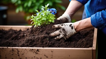 Gardener's hand spreading compost. Generative AI
