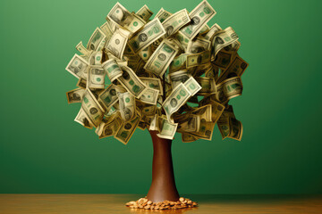 Fototapeta na wymiar Money tree with dollars instead of leaves. Creative concept of investment, financial literacy and savings. 3d reader illustration style.